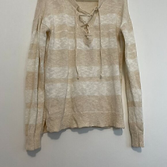 HEM & THREAD ALTAR'D STATE Cream White Striped Lace Up Knit Pullover Sweatshirt - Picture 4 of 14
